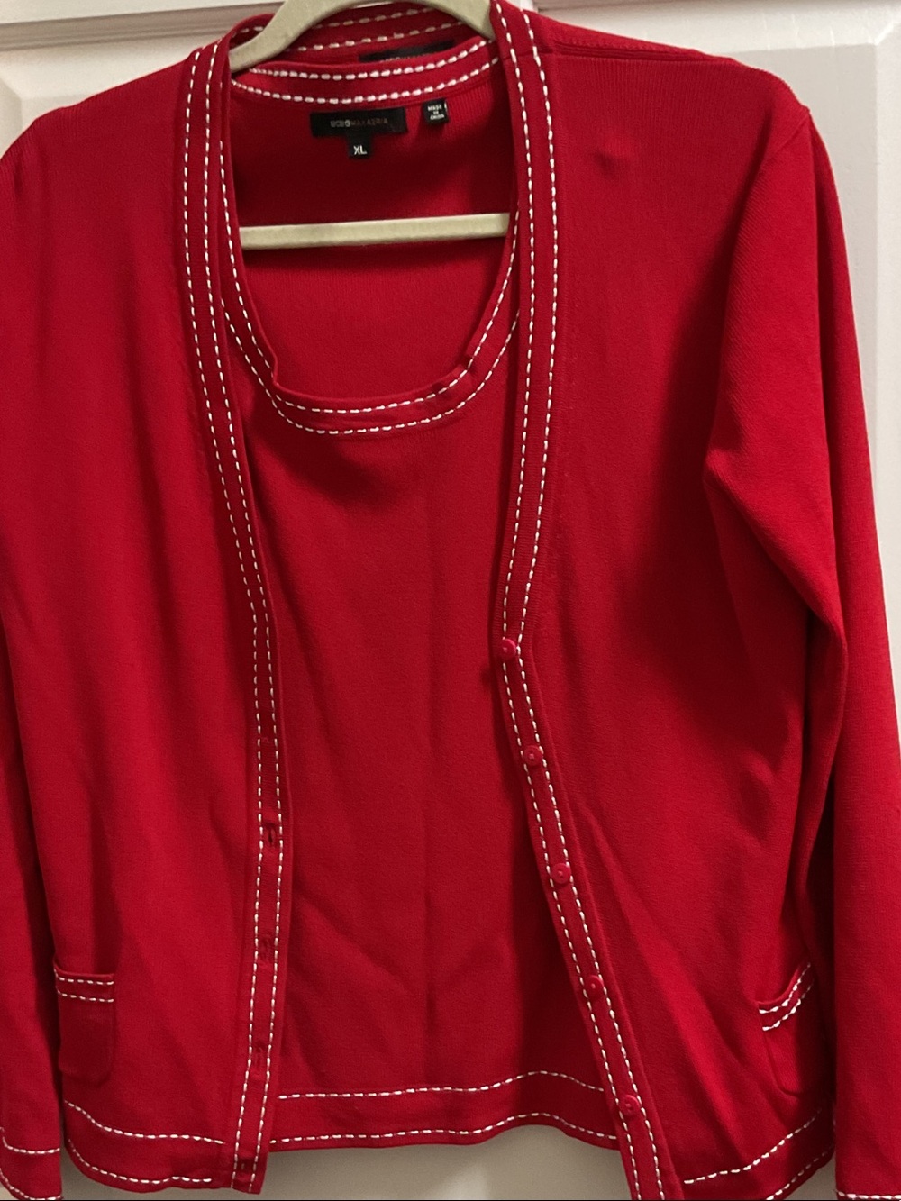 BCBG Red Sweater Twinset with Contrast Stitching